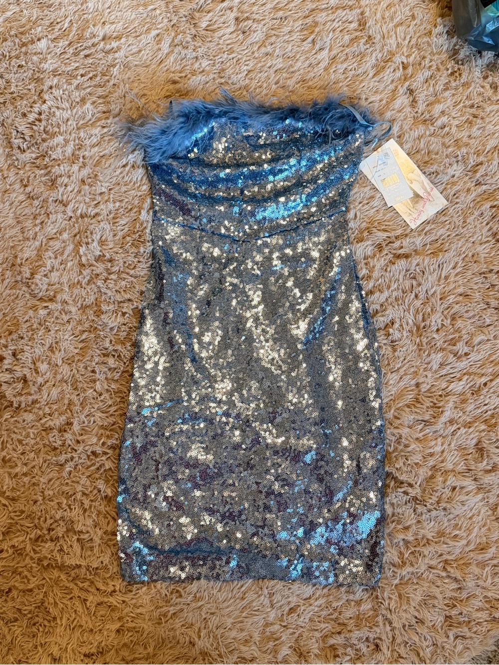 Blue Sequin Mini Dress with Feather Trim